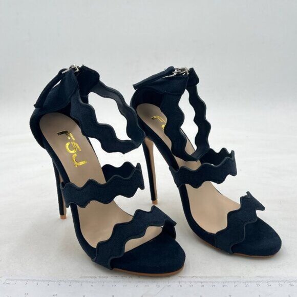 FSJ Navy Hot Open Toe Strappy Heeled Sandals Suede Dress Shoes for Party Wedding - Picture 4 of 8